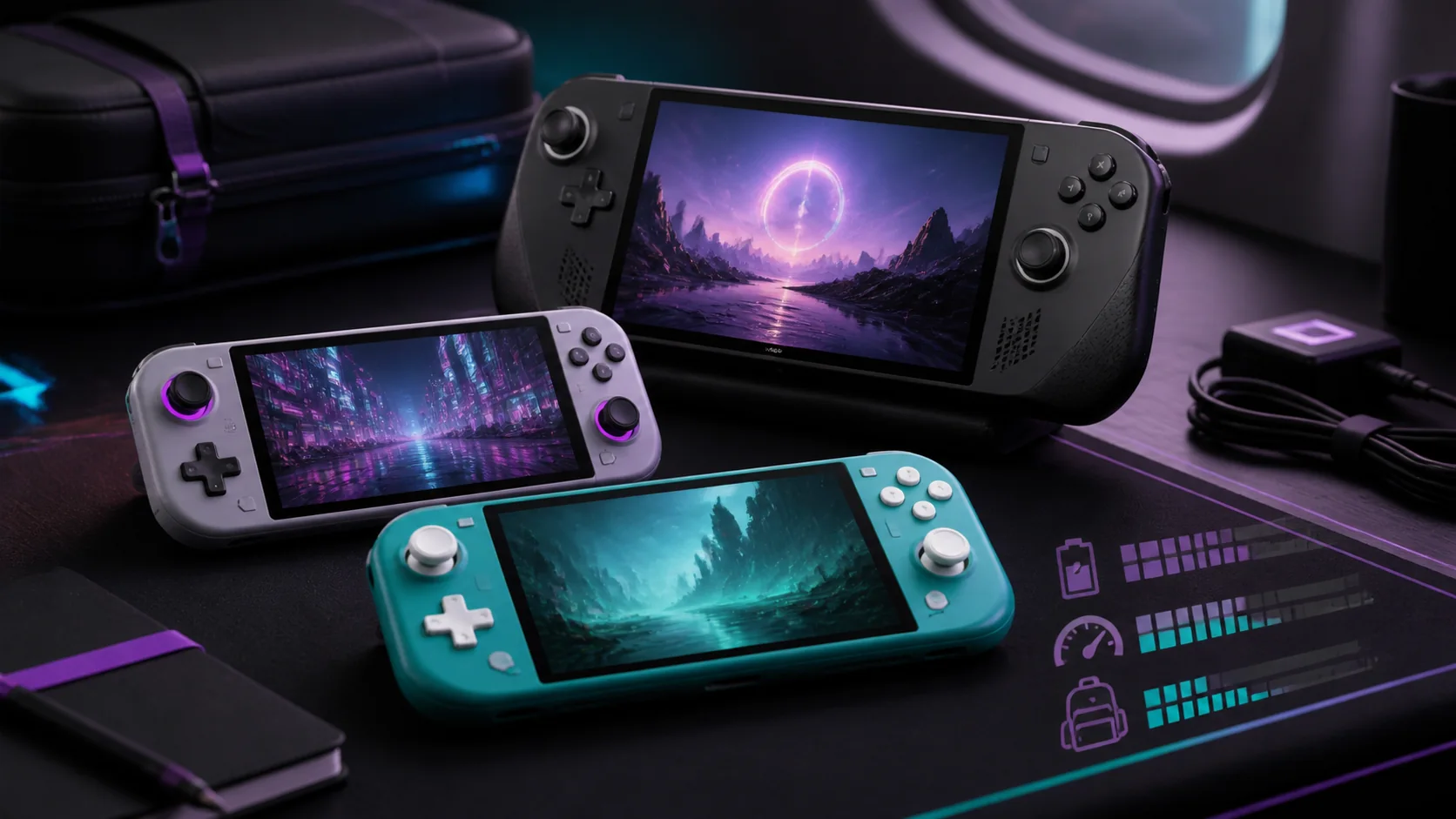 Three handheld gaming systems beside an accessory case and performance-style indicators