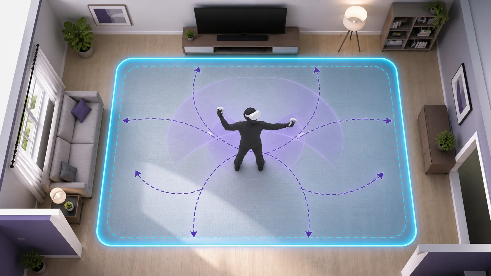 Person using VR inside a highlighted room-scale play area with movement boundaries