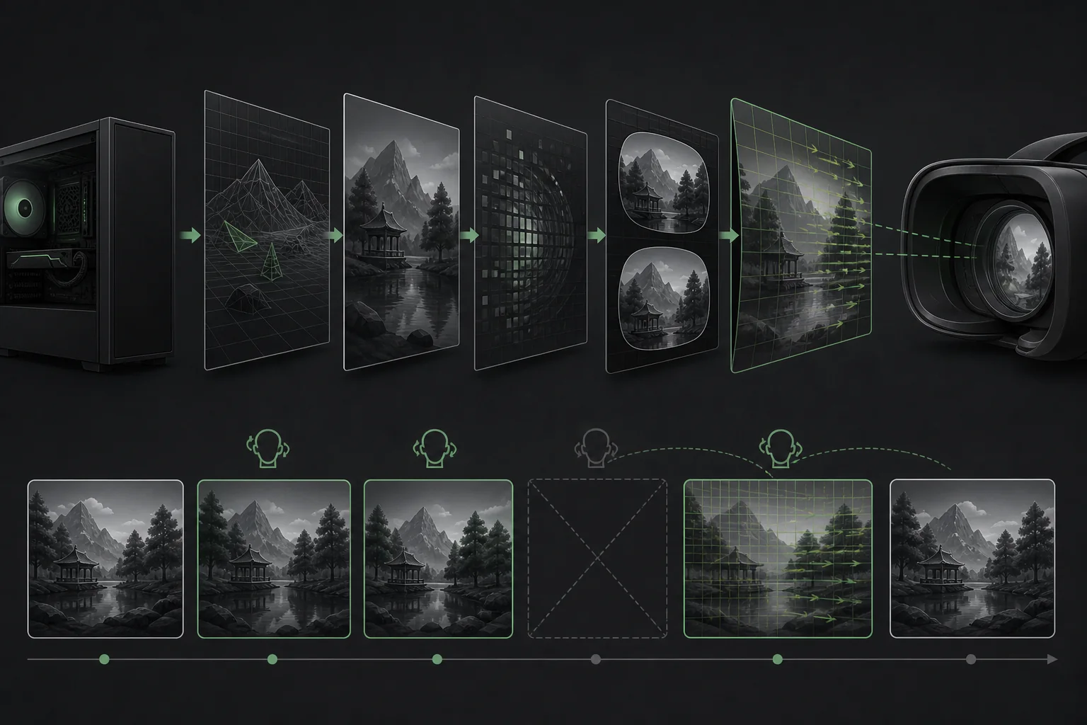 Diagram of a gaming PC rendering frames for a VR headset with one missed frame being reprojected