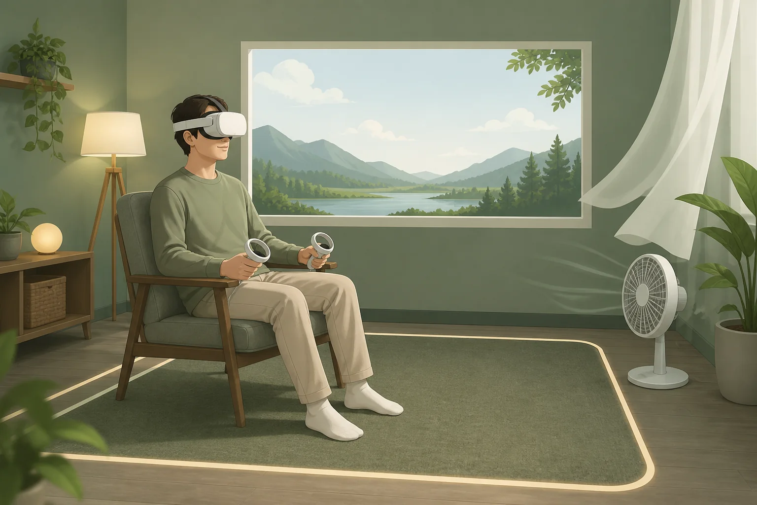 Seated VR setup with a stable play boundary and gentle room airflow