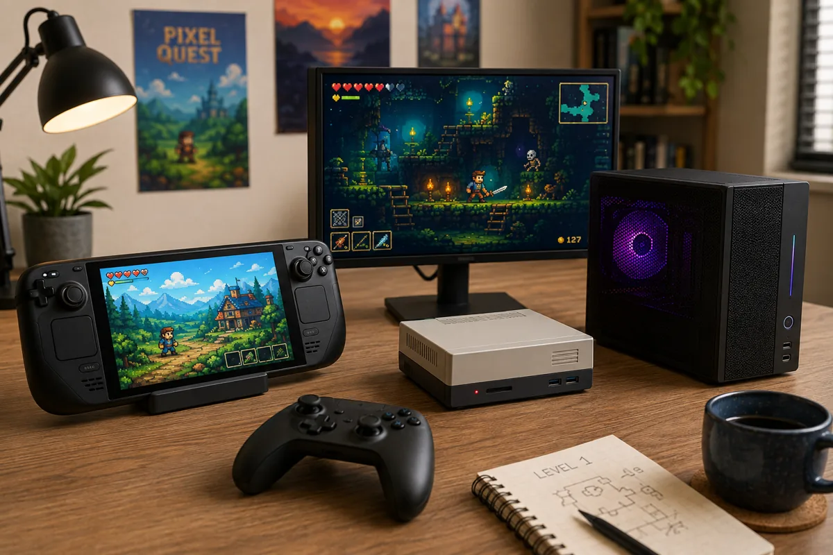 Handheld gaming PC, compact retro console and controller beside a desktop gaming setup