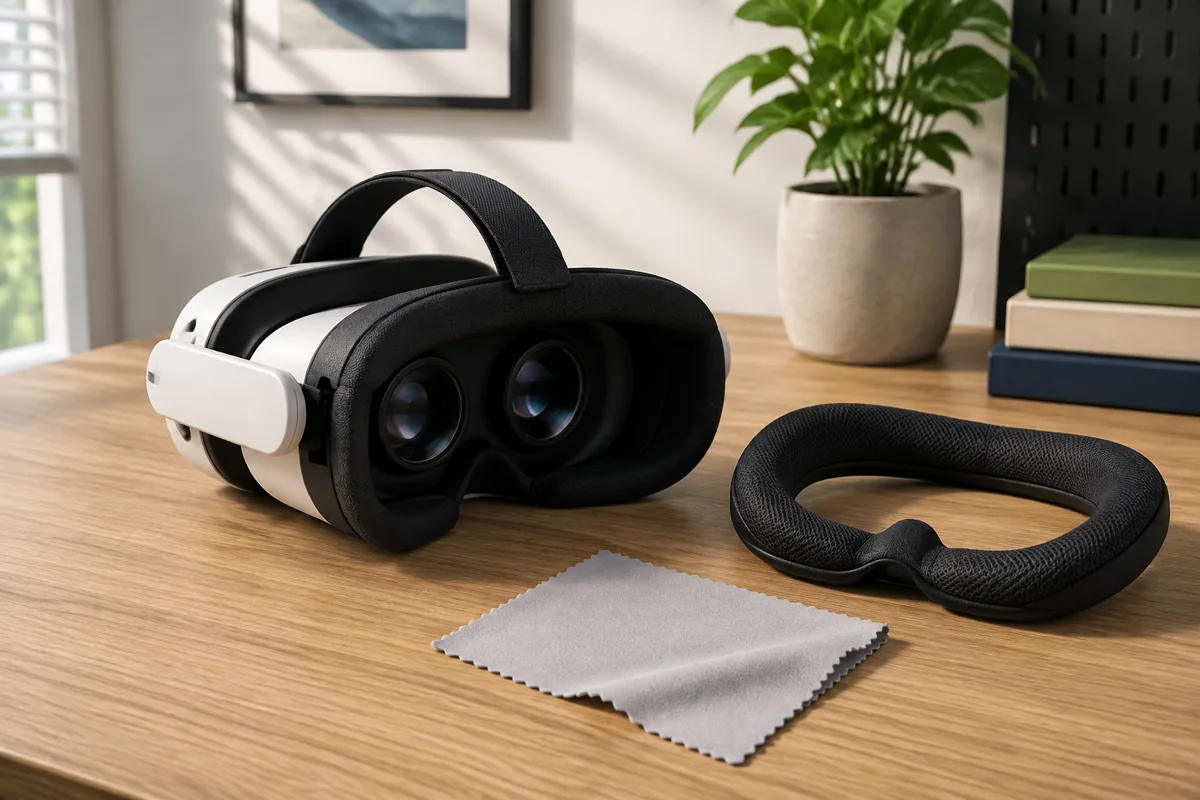 VR headset with adjustable strap, removable face cushion and a microfiber lens cloth